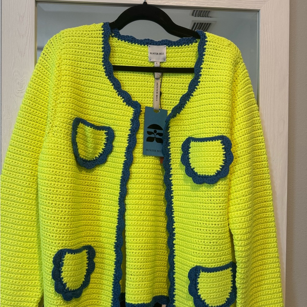 HUNTER BELL Neon Yellow Crochet Jacket with Teal Trim